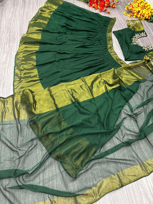 Shining Green Color Chiffon Jari Patta Lehenga Choli