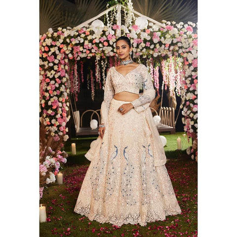 Cream Color Multi Embroidery Work Heavy Lehenga Choli