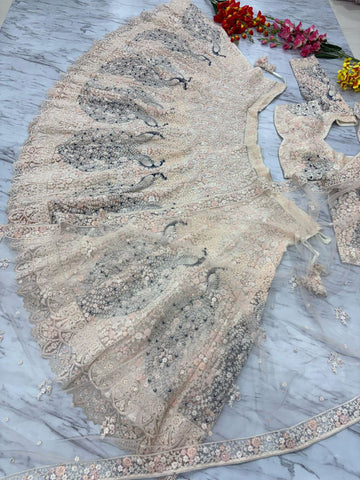 Cream Color Multi Embroidery Work Heavy Lehenga Choli