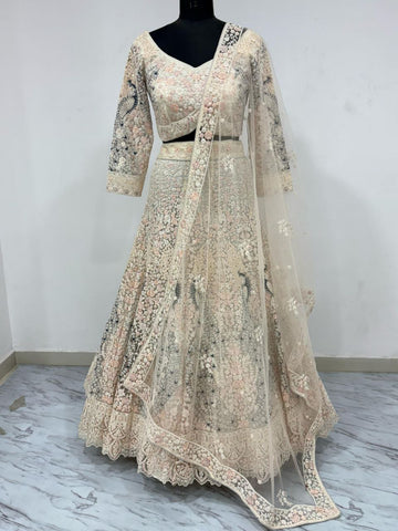 Cream Color Multi Embroidery Work Heavy Lehenga Choli