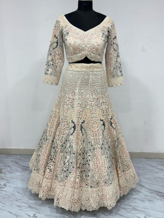 Cream Color Multi Embroidery Work Heavy Lehenga Choli
