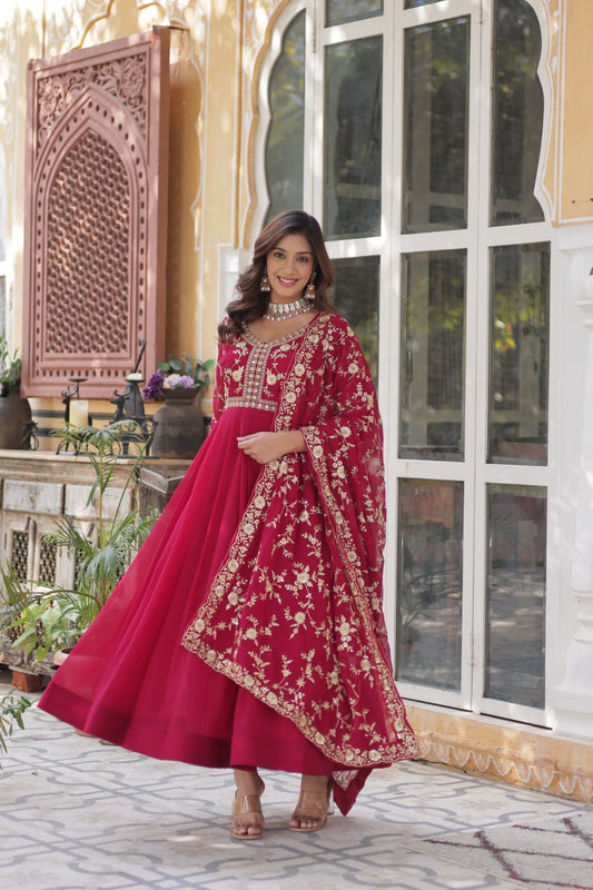 Wonderful Embroidered Work Pink Color Gown With Heavy Dupatta