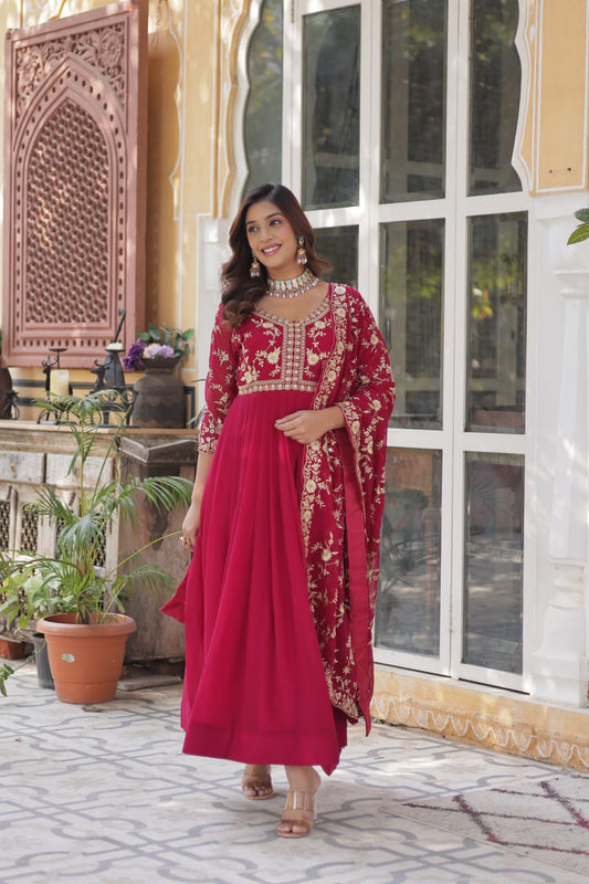 Wonderful Embroidered Work Pink Color Gown With Heavy Dupatta