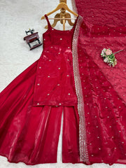Glorious Sequence Work Red Color Palazzo Suit