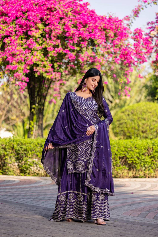 Attractive Sequence Work Purple Color Palazzo Suit