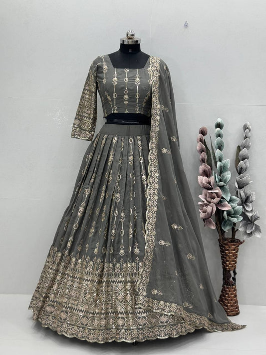 Good Looking Embroidered Work Grey Color Lehenga Choli