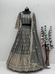 Good Looking Embroidered Work Grey Color Lehenga Choli