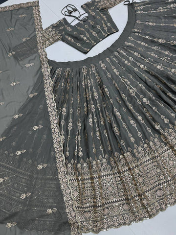 Good Looking Embroidered Work Grey Color Lehenga Choli