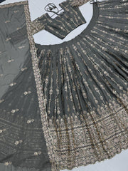 Good Looking Embroidered Work Grey Color Lehenga Choli