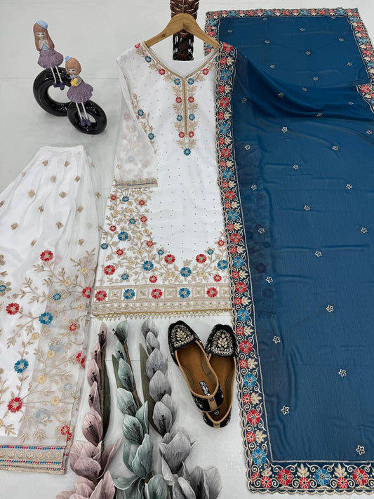 Glimmering White Color Work Sharara Suit With Blue Dupatta