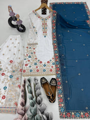 Glimmering White Color Work Sharara Suit With Blue Dupatta