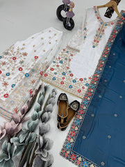 Glimmering White Color Work Sharara Suit With Blue Dupatta