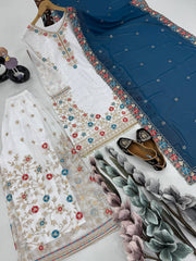 Glimmering White Color Work Sharara Suit With Blue Dupatta