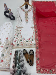 Glimmering White Color Work Sharara Suit With Red Dupatta