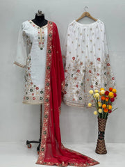Glimmering White Color Work Sharara Suit With Red Dupatta