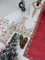 Glimmering White Color Work Sharara Suit With Red Dupatta