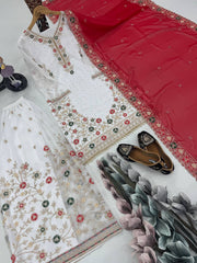 Glimmering White Color Work Sharara Suit With Red Dupatta