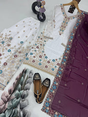 Glimmering White Color Work Sharara Suit With Wine Dupatta