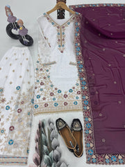 Glimmering White Color Work Sharara Suit With Wine Dupatta