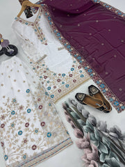 Glimmering White Color Work Sharara Suit With Wine Dupatta