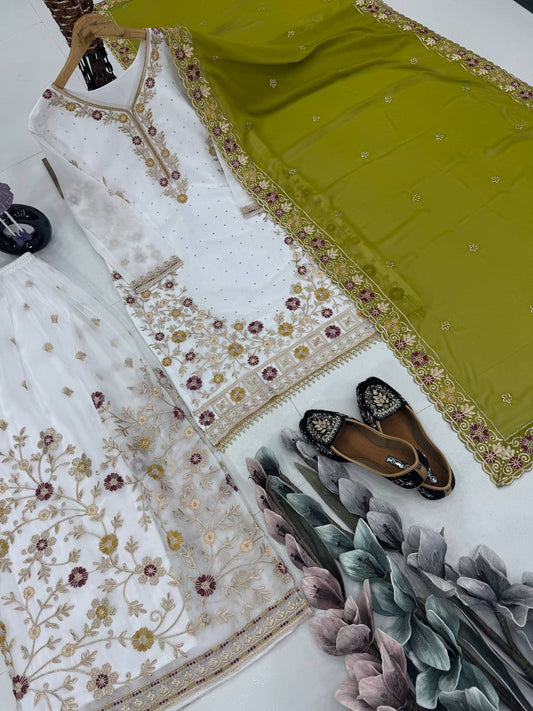 Glimmering White Color Work Sharara Suit With Green Dupatta