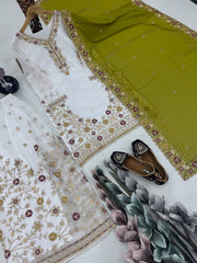 Glimmering White Color Work Sharara Suit With Green Dupatta