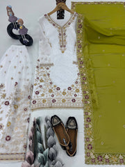 Glimmering White Color Work Sharara Suit With Green Dupatta