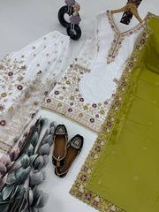 Glimmering White Color Work Sharara Suit With Green Dupatta