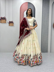 Heavy Work Cream Color Lehenga Choli With Maroon Dupatta