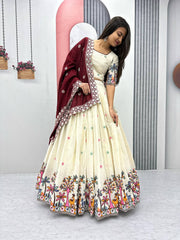 Heavy Work Cream Color Lehenga Choli With Maroon Dupatta