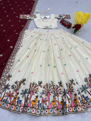 Heavy Work Cream Color Lehenga Choli With Maroon Dupatta
