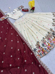 Heavy Work Cream Color Lehenga Choli With Maroon Dupatta