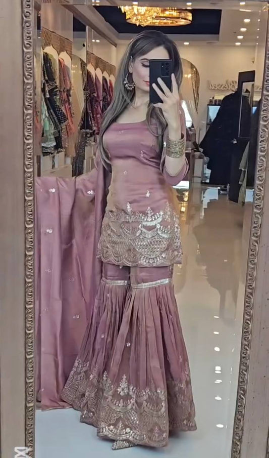 Designer Embroidery Work Pink Color Sharara Suit