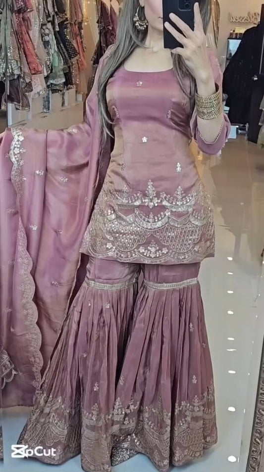 Designer Embroidery Work Pink Color Sharara Suit