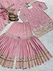 Designer Embroidery Work Pink Color Sharara Suit