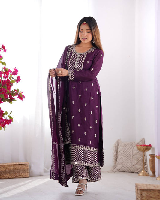 Lovely Chinon Silk Wine Color Salwar Suit