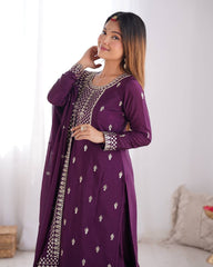 Lovely Chinon Silk Wine Color Salwar Suit