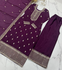 Lovely Chinon Silk Wine Color Salwar Suit