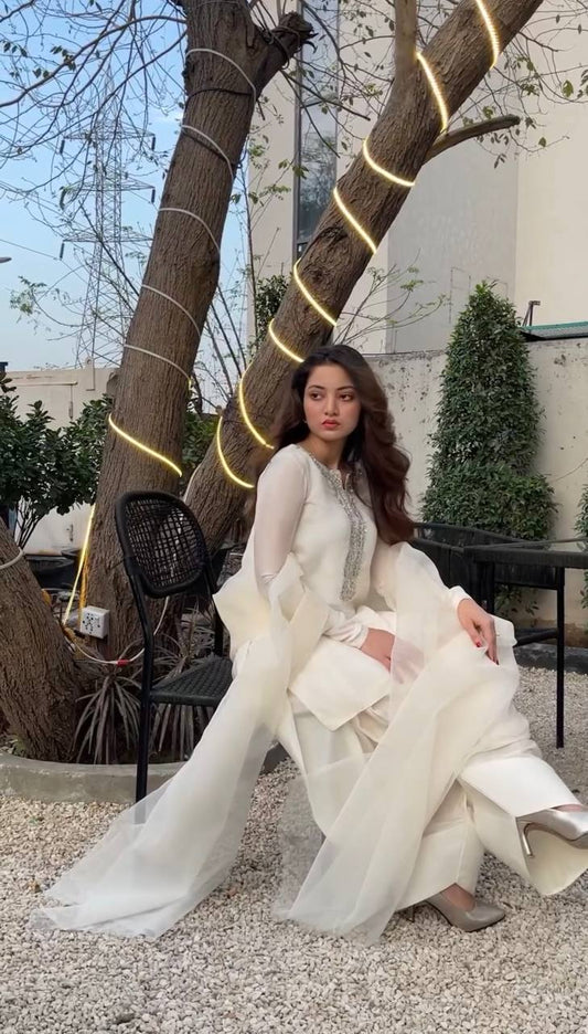 Beautiful White Color Embroidery With Hand Work Patiala Suit