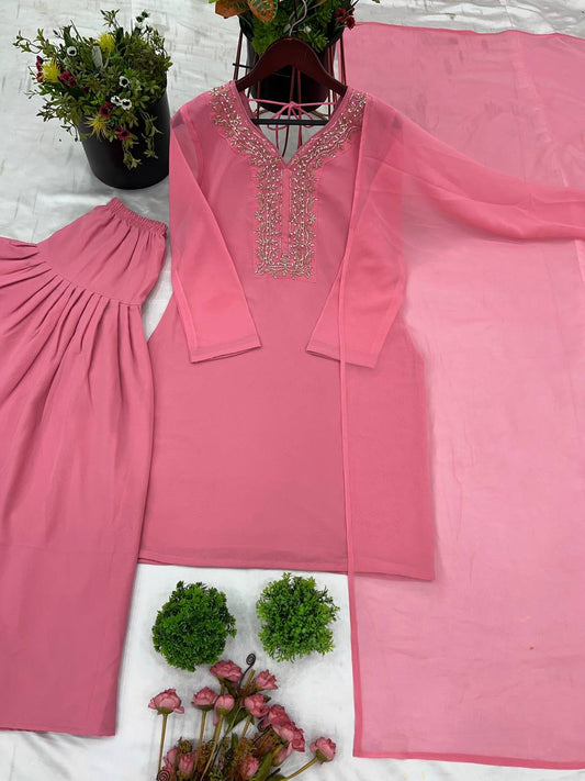 Beautiful Pink Color Embroidery With Hand Work Patiala Suit