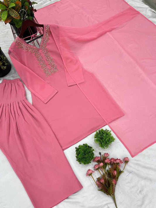 Beautiful Pink Color Embroidery With Hand Work Patiala Suit