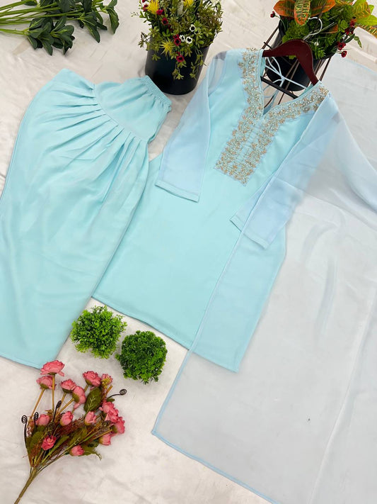 Beautiful Sky Blue Color Embroidery With Hand Work Patiala Suit