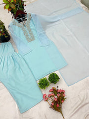 Beautiful Sky Blue Color Embroidery With Hand Work Patiala Suit