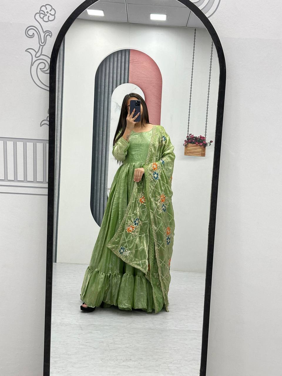 Admiring Heavy Green Color Gown