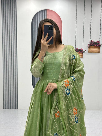 Admiring Heavy Green Color Gown