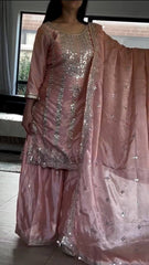 Delightful Embroidery Work Peach Color Sharara Suit