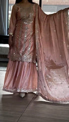 Delightful Embroidery Work Peach Color Sharara Suit