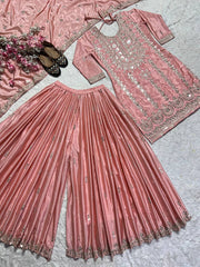 Delightful Embroidery Work Peach Color Sharara Suit