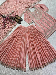 Delightful Embroidery Work Peach Color Sharara Suit