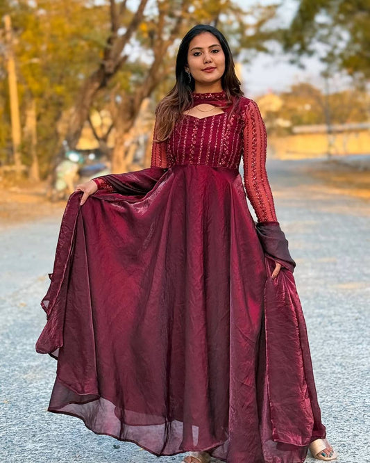 Gorgeous Sequence Work Maroon Color Anarkali Gown